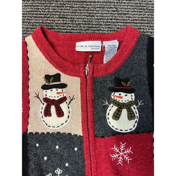 Festive Snowman Patchwork Christmas Sweater with Zip Front Red Holiday Design - Picture 3 of 6